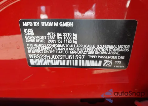 2025 BMW M3 Competition z USA, uszkodzony, nr VIN WBS23HJ0XSFU61597